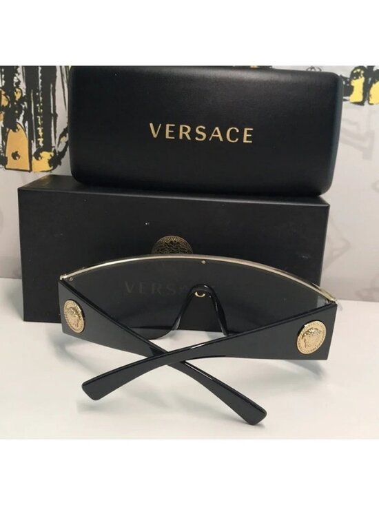 New Versace™ VE2197 Shield Sunglasses – Gold Frame / Grey Mirror Lenses
